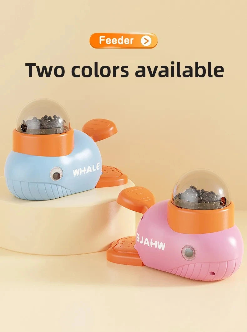 Two colorful whale-shaped feeders on a beige background with text indicating two color options.