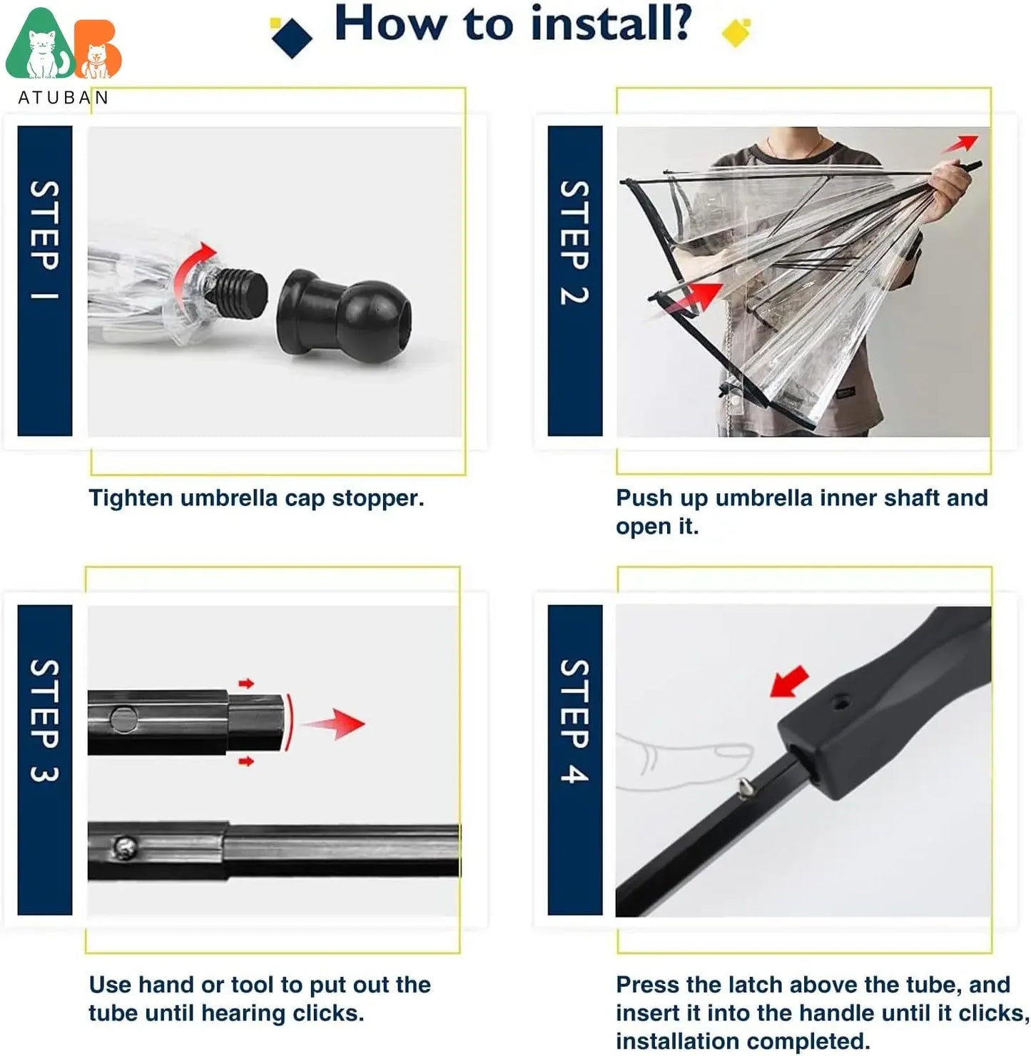 Step-by-step guide on how to install an umbrella with labeled steps and images.