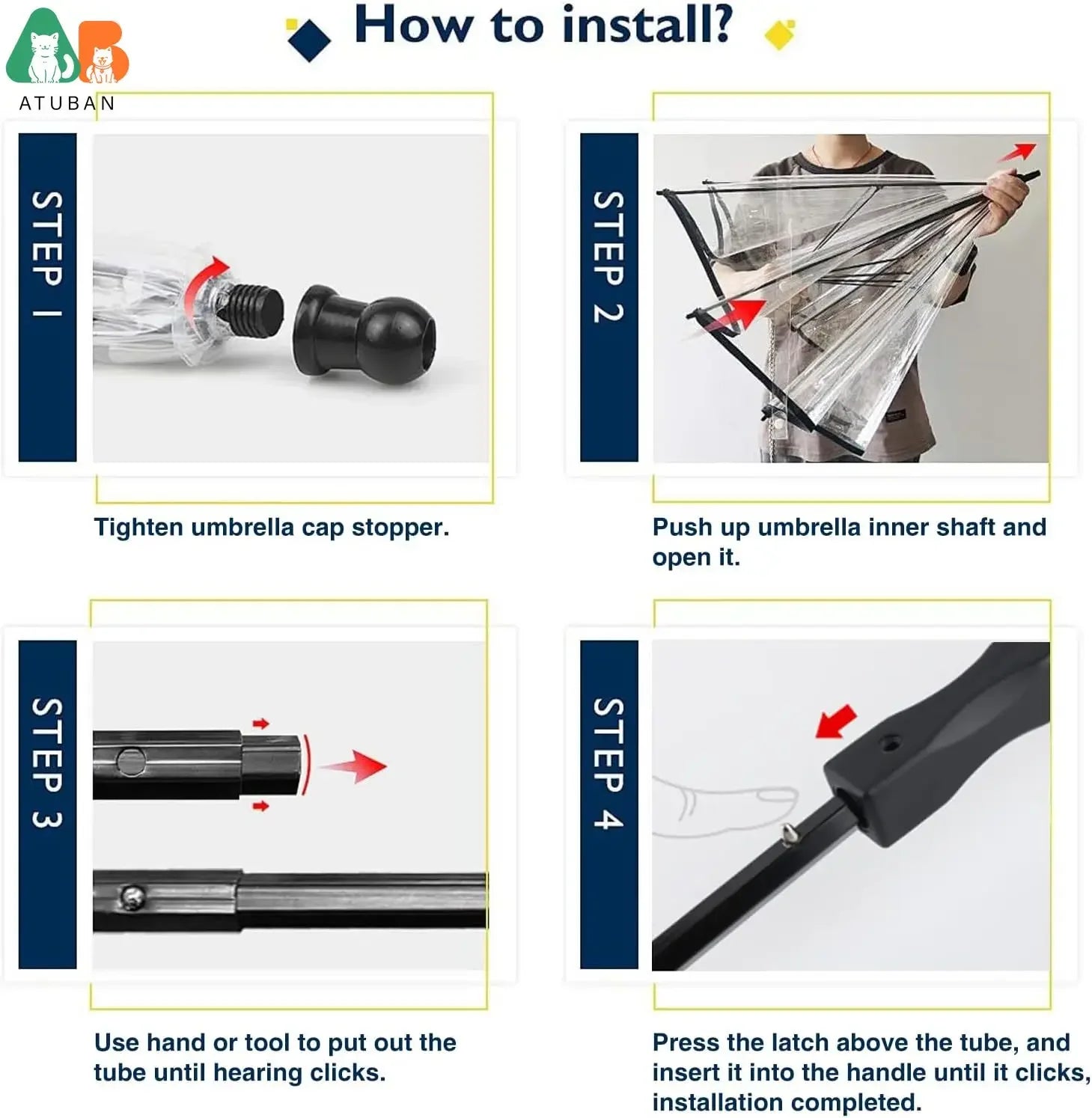 Step-by-step guide on how to install an umbrella with labeled steps and images.
