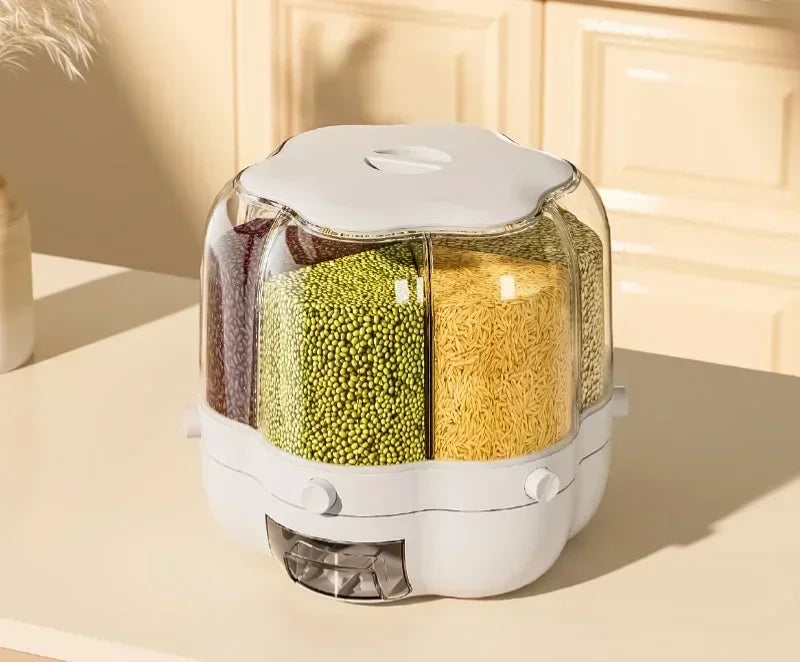 360° rotating cereal and grain dispenser with multiple compartments