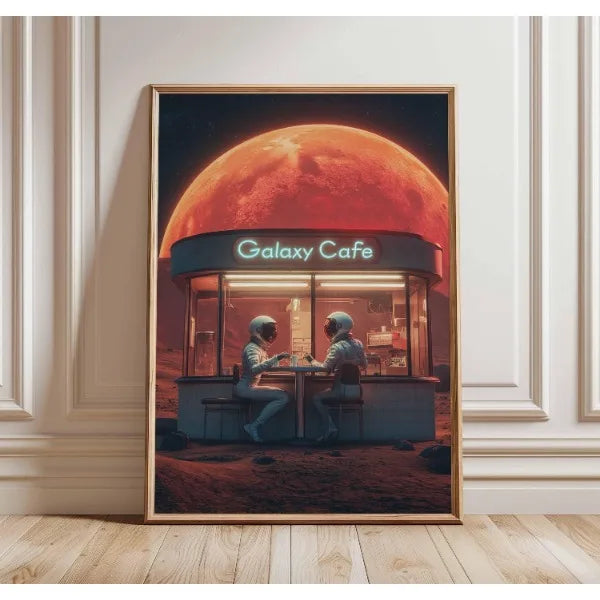 Framed artwork of a futuristic cafe on the moon with 'Galaxy Cafe' sign.