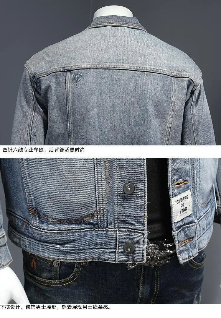 Blue denim jacket displayed on a mannequin against a dark background