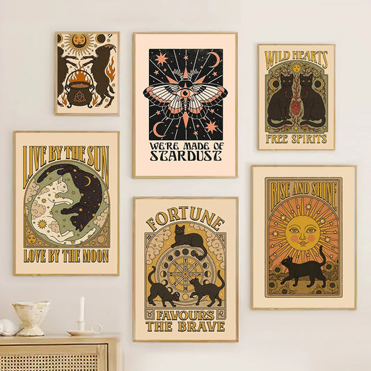 Vintage celestial animal wall art featuring retro sun and moon illustrations displayed as framed-style canvas prints