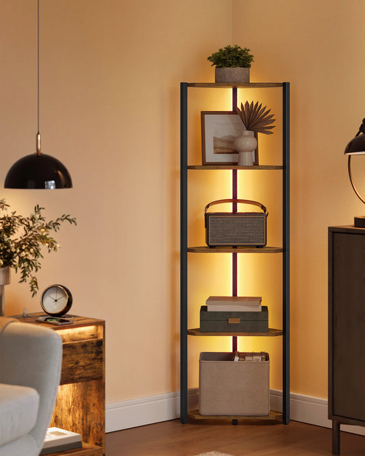 VASAGLE LED Corner Shelf – 5 Tier Industrial Bookcase with Remote Lighting