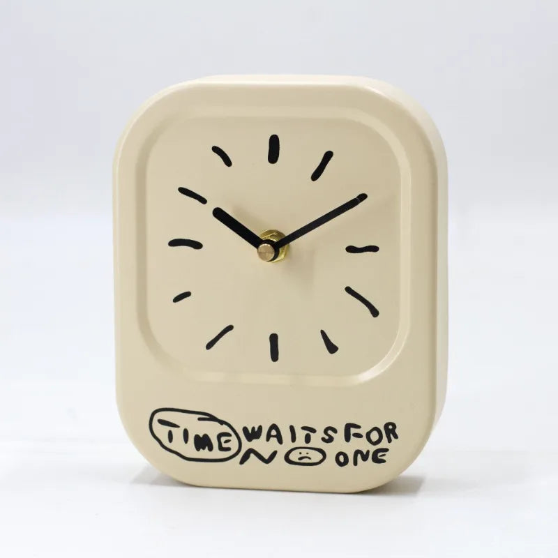 Beige clock with 'Time Waits for No One' text on a white background