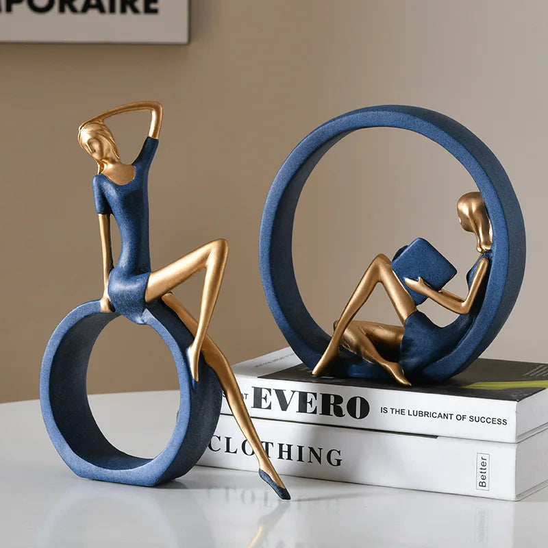 Modern Resin Reading Girl Sculpture – Gold and Blue Figurine for Home & Office Décor