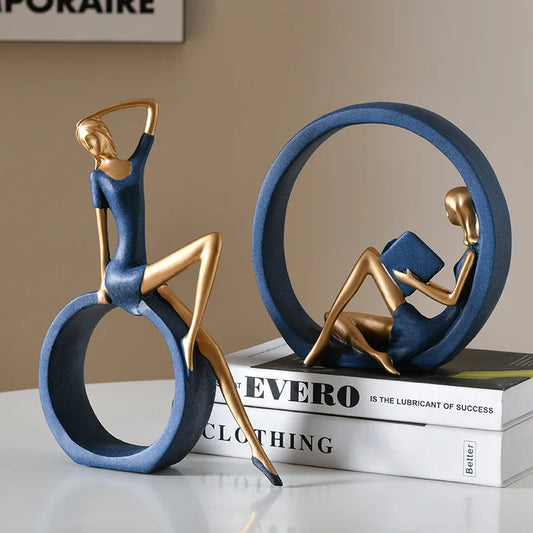 Modern Resin Reading Girl Sculpture – Gold and Blue Figurine for Home & Office Décor