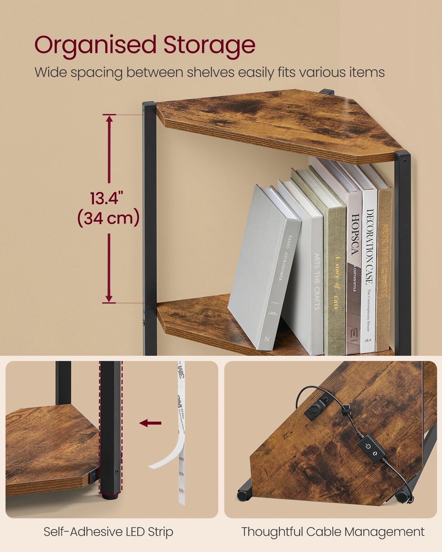 VASAGLE LED Corner Shelf – 5 Tier Industrial Bookcase with Remote Lighting