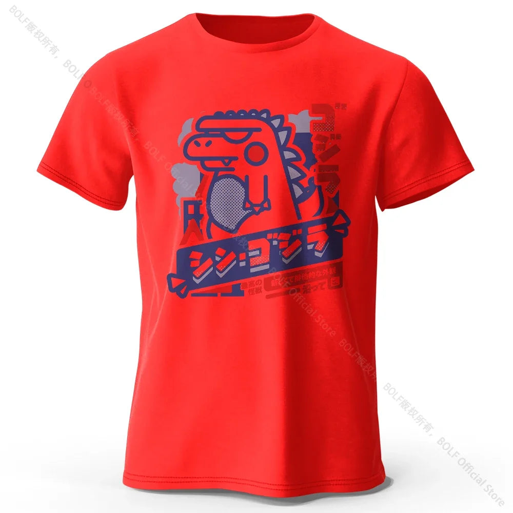 Red t-shirt with blue graphic design on a white background