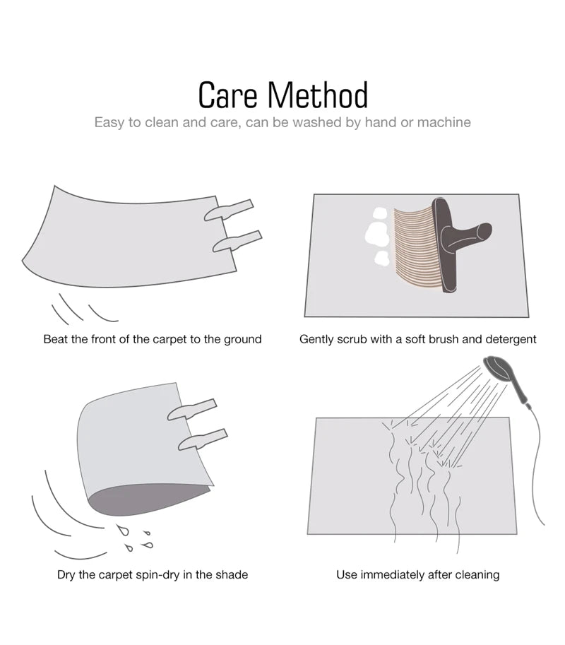 Care method instructions for a carpet product on a white background