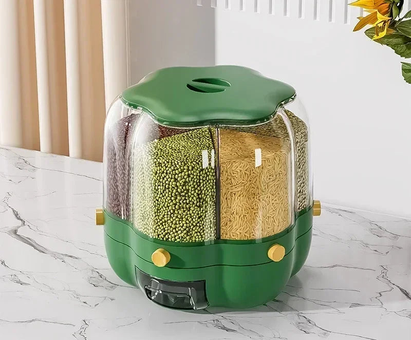 360° rotating cereal and grain dispenser with multiple compartments