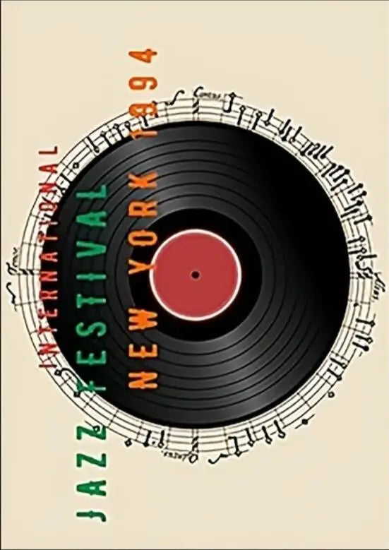 Poster design with vinyl record and musical notes for International Jazz Festival New York 1994.