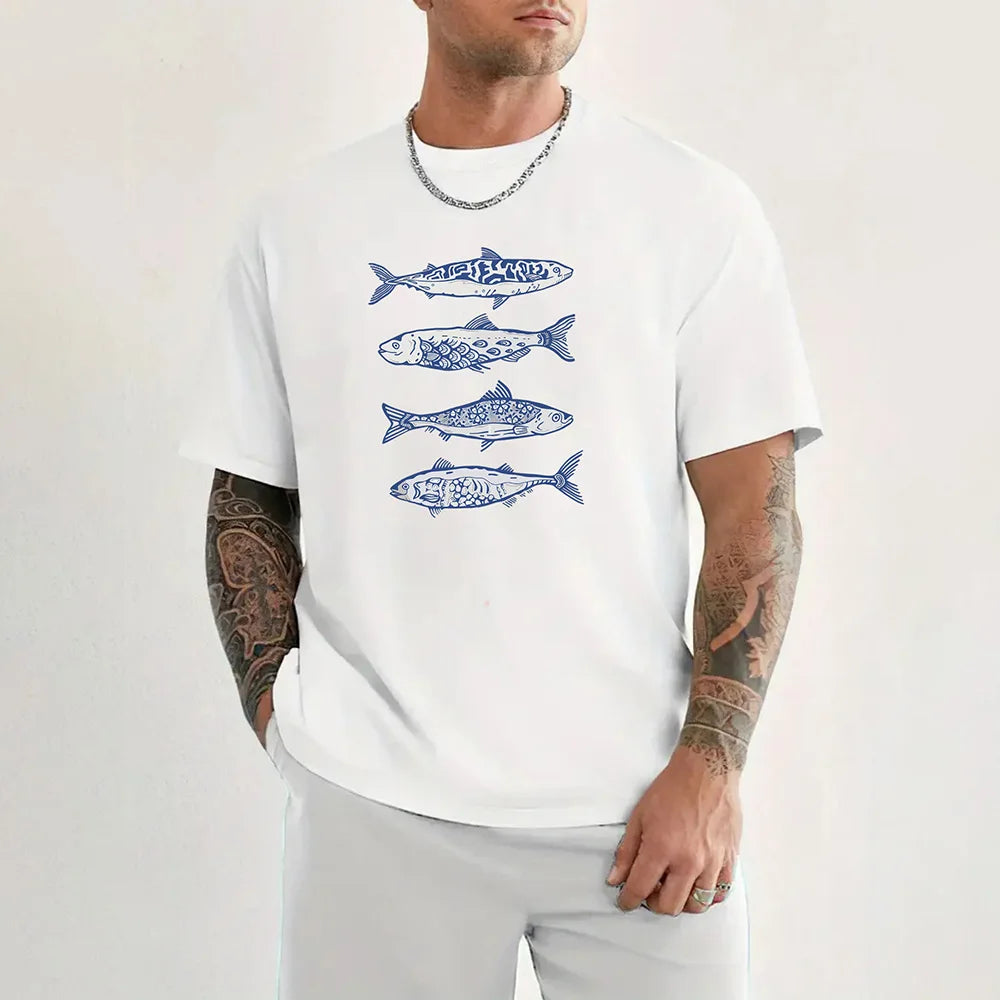 Men's fish pattern cotton graphic t-shirt with short sleeves and round neck casual design