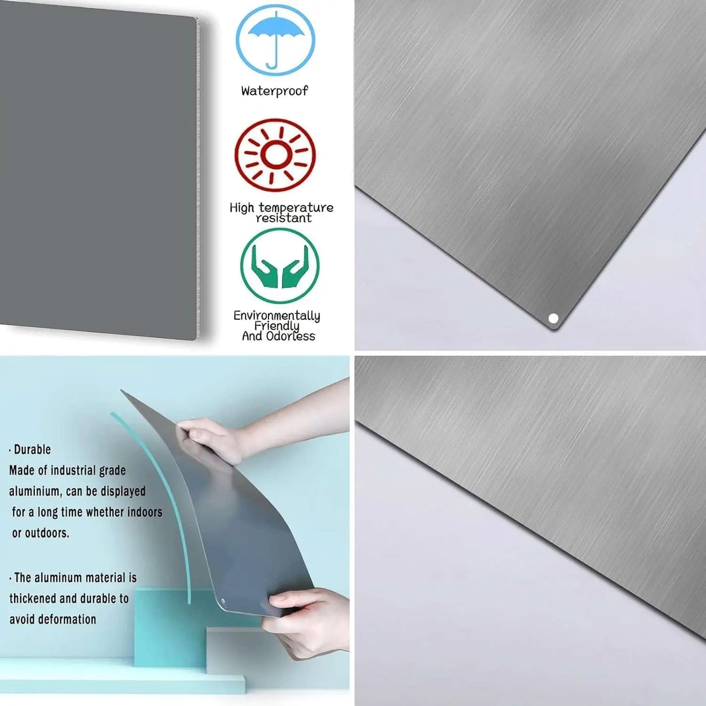 Metal sheet with waterproof, high-temperature resistant, environmentally friendly, and durable properties on a white background.