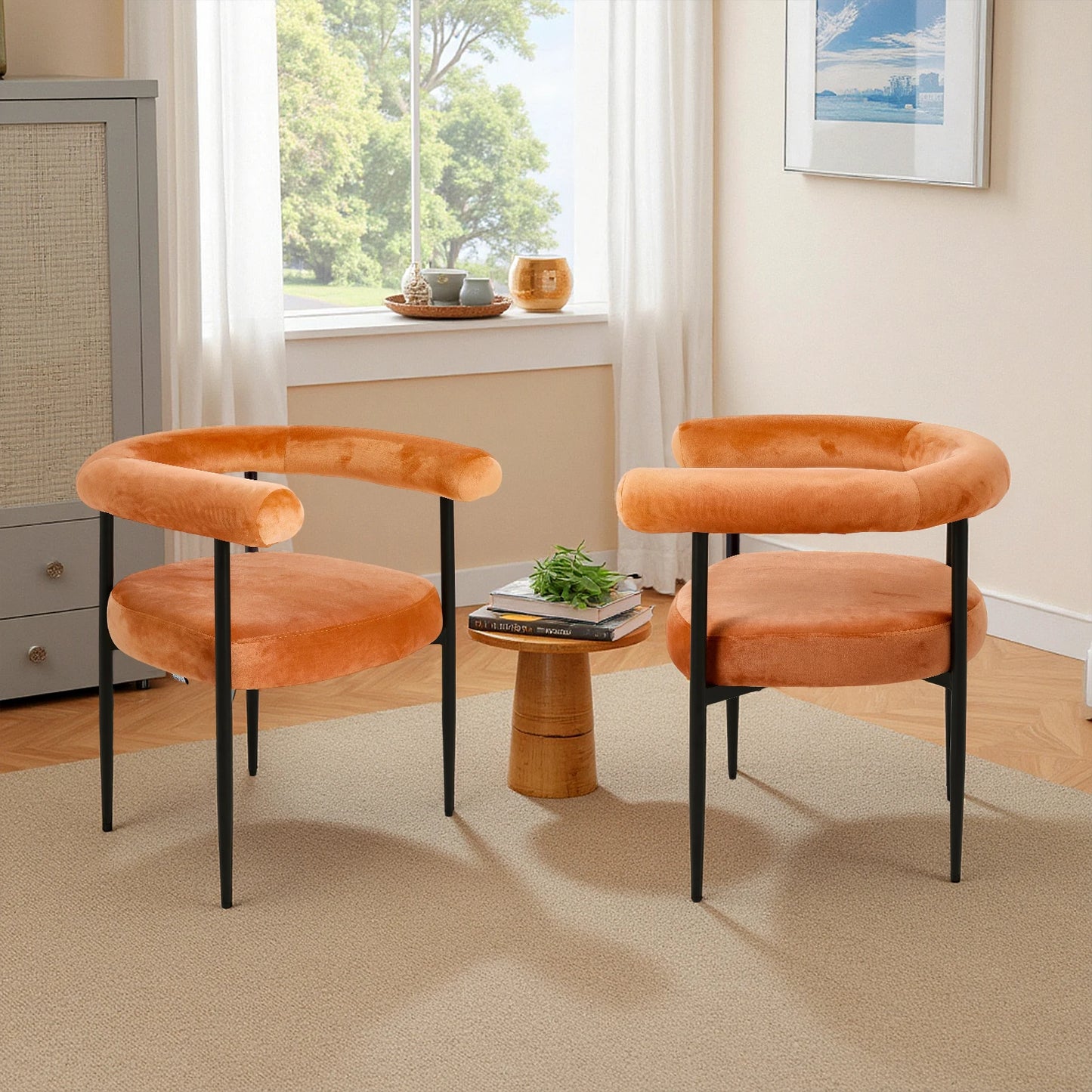 Modern Velvet Dining Chairs – Set of 2 Orange Upholstered Seats with Black Metal Legs, Contemporary Home & Dining Room Furniture