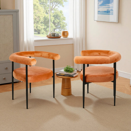 Modern Velvet Dining Chairs – Set of 2 Orange Upholstered Seats with Black Metal Legs, Contemporary Home & Dining Room Furniture