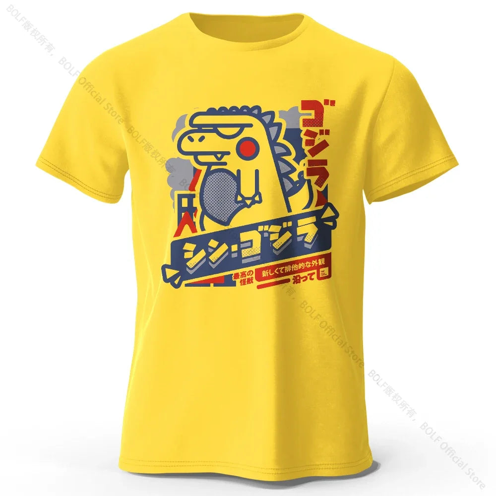 Yellow t-shirt with a colorful graphic design on a white background