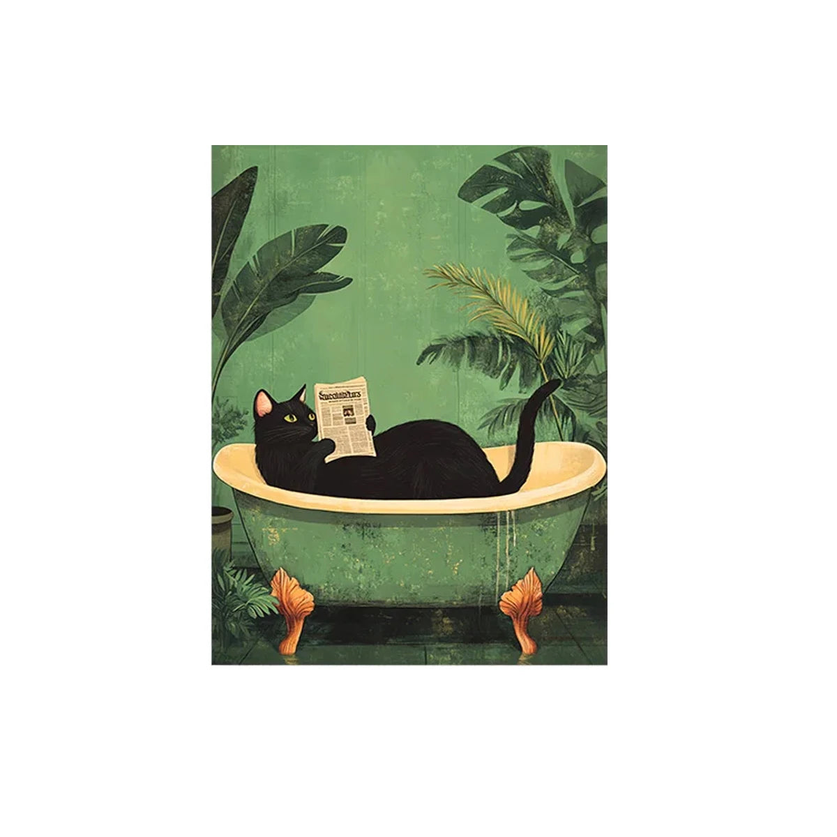 Black cat reading a newspaper in a green bathtub with leafy background