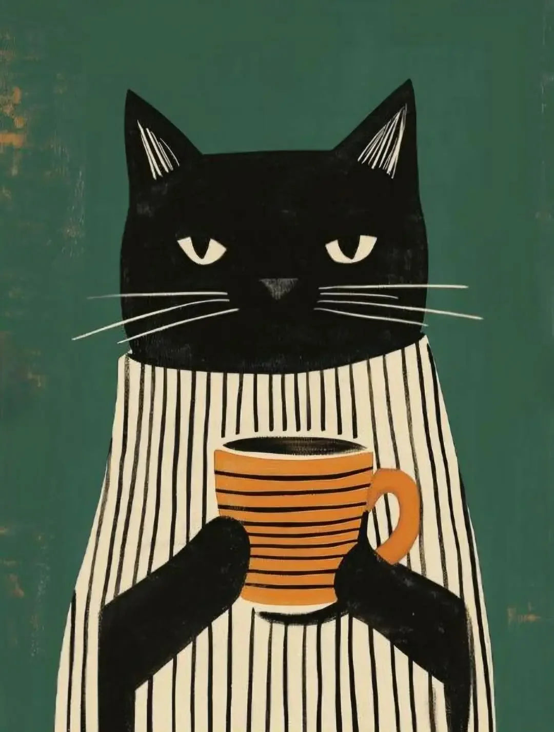 Illustration of a black cat wearing a striped shirt and holding a coffee cup against a green background
