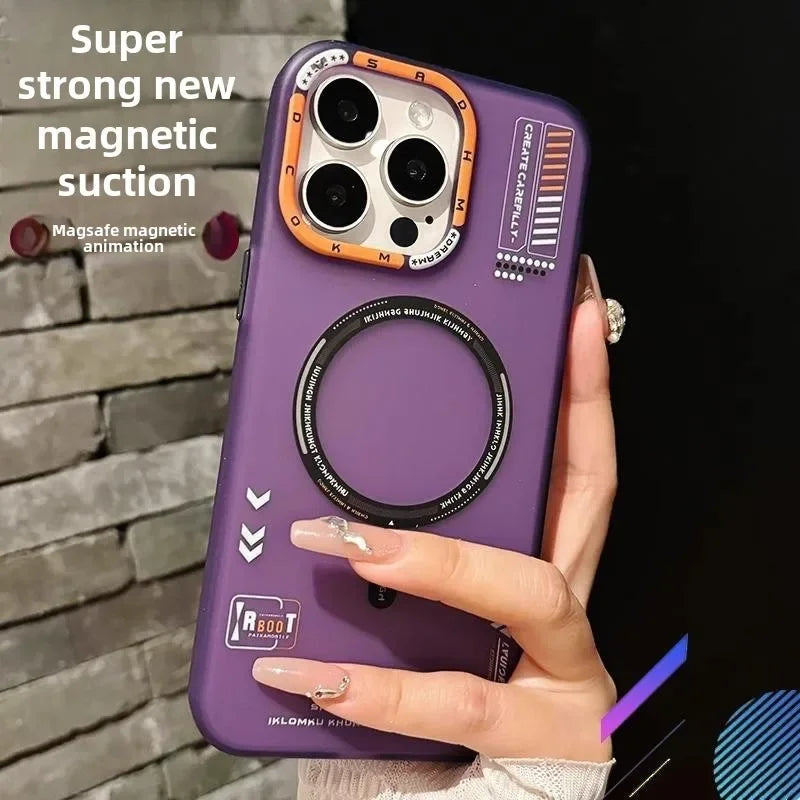 Purple phone case with magnetic features held by a hand against a brick wall background