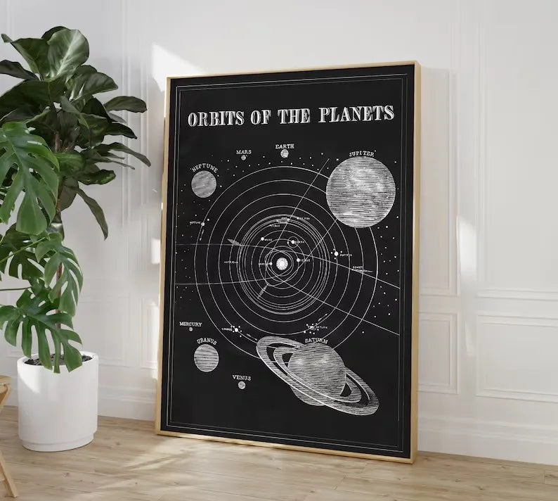 Framed poster of 'Orbits of the Planets' on a wall with a plant beside it.