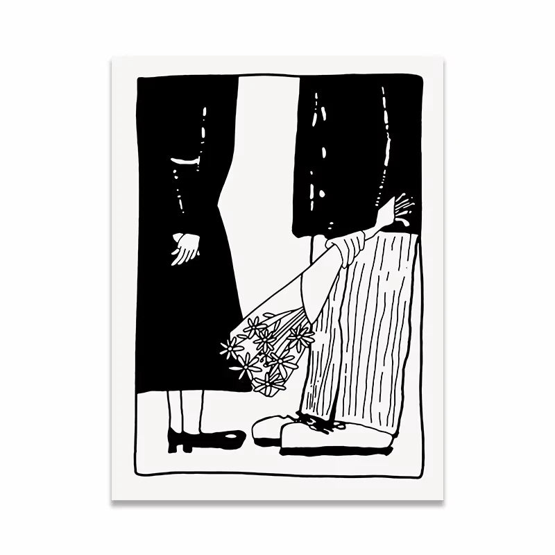 A minimalist black and white art print featuring a stylized illustration of two people standing apart, one holding a bouquet of flowers, with a white border around the artwork.