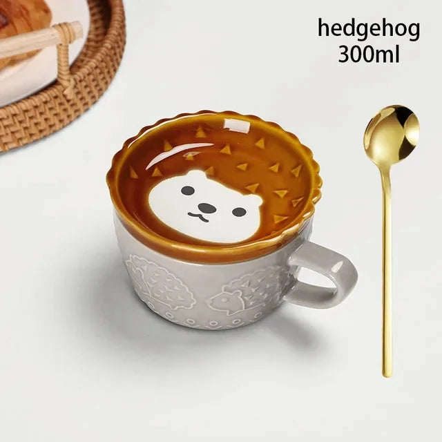 Hedgehog-shaped mug with a gold spoon on a white background