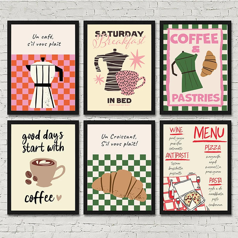 Set of six framed prints with coffee and breakfast-themed designs on a brick wall background.