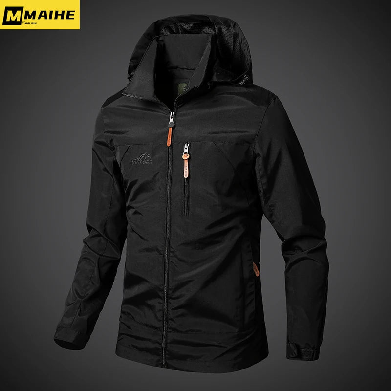Black jacket with orange zipper on a gray background, featuring the MAIHE brand.