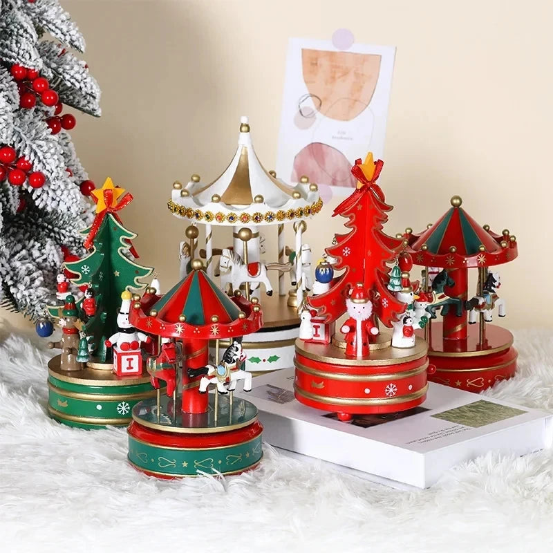 Decorative Christmas trees and carousels on a white surface with a beige background