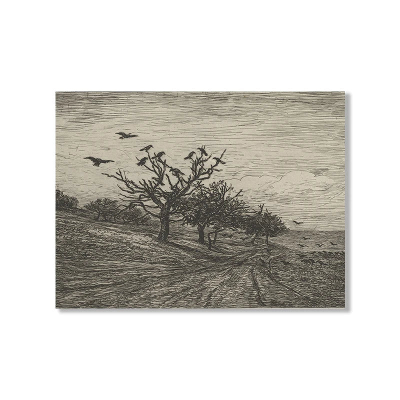 Black and white etching of a landscape with trees and birds.