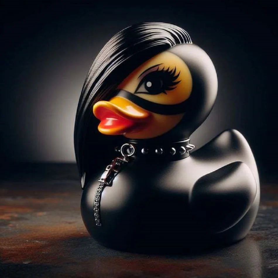Black rubber duck with a stylish haircut and accessories on a dark background