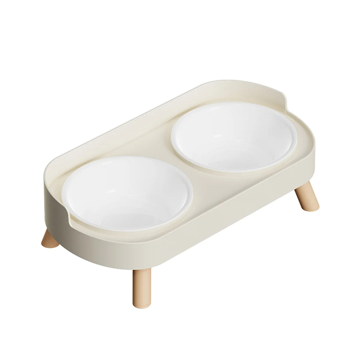Beige pet feeder with three white bowls on a white background