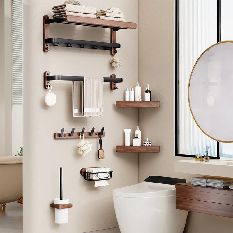 Bathroom interior with wooden shelves, toilet paper holder, and toiletries.