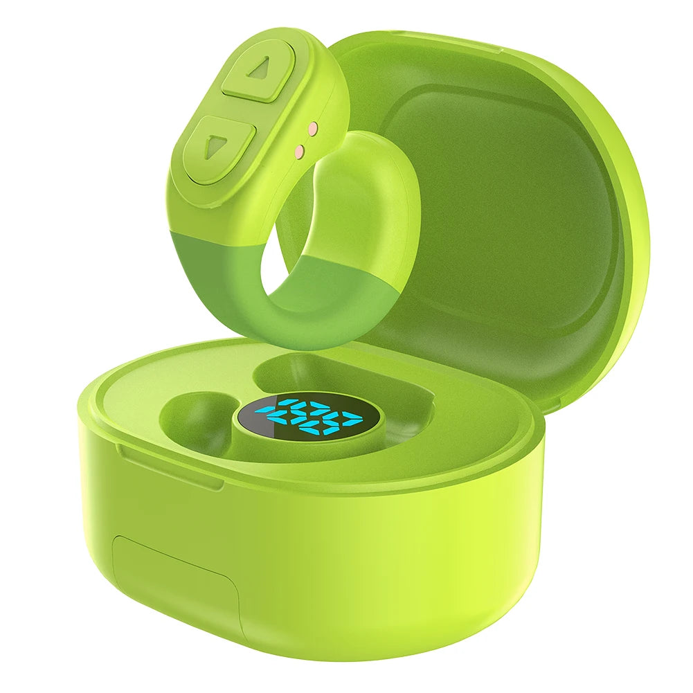 Green wireless earbuds with charging case on a white background