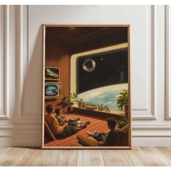 Framed artwork of a futuristic interior with people watching TV, featuring a space scene.