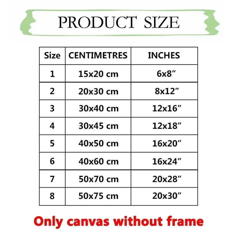 Product size chart for canvas sizes in centimeters and inches with a red text at the bottom.