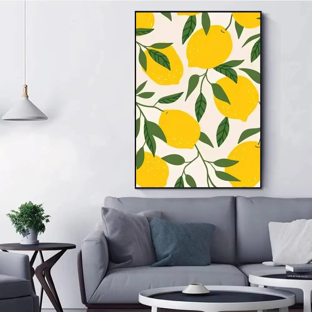 Living room with a gray sofa and a decorative painting of lemons on the wall.