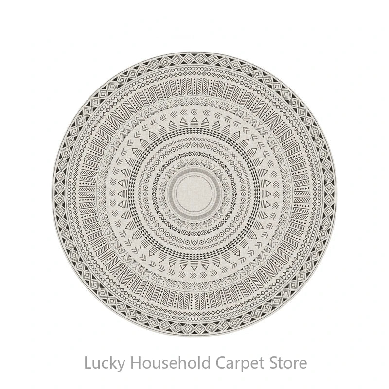 Round carpet with a detailed pattern on a white background, branded 'Lucky Household Carpet Store'.