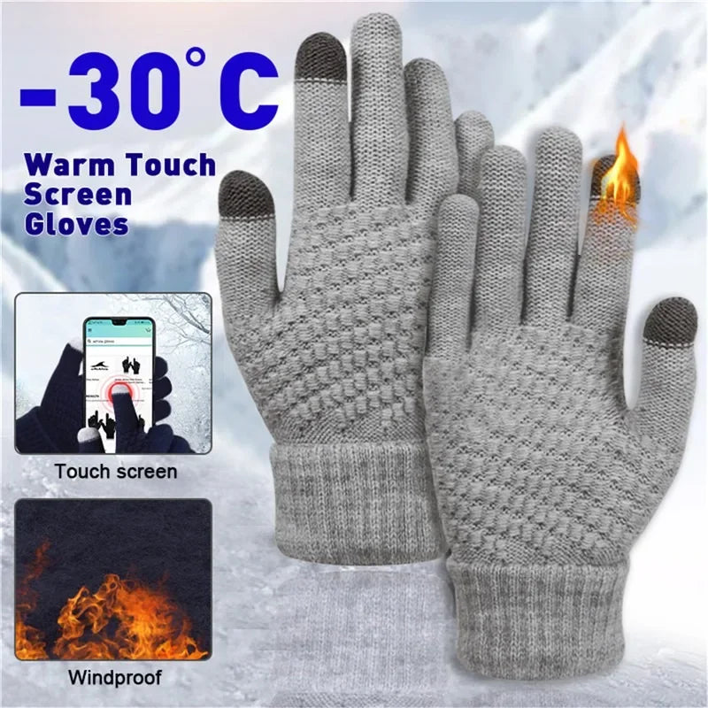 Gray warm touch screen gloves with text indicating temperature and features on a snowy background