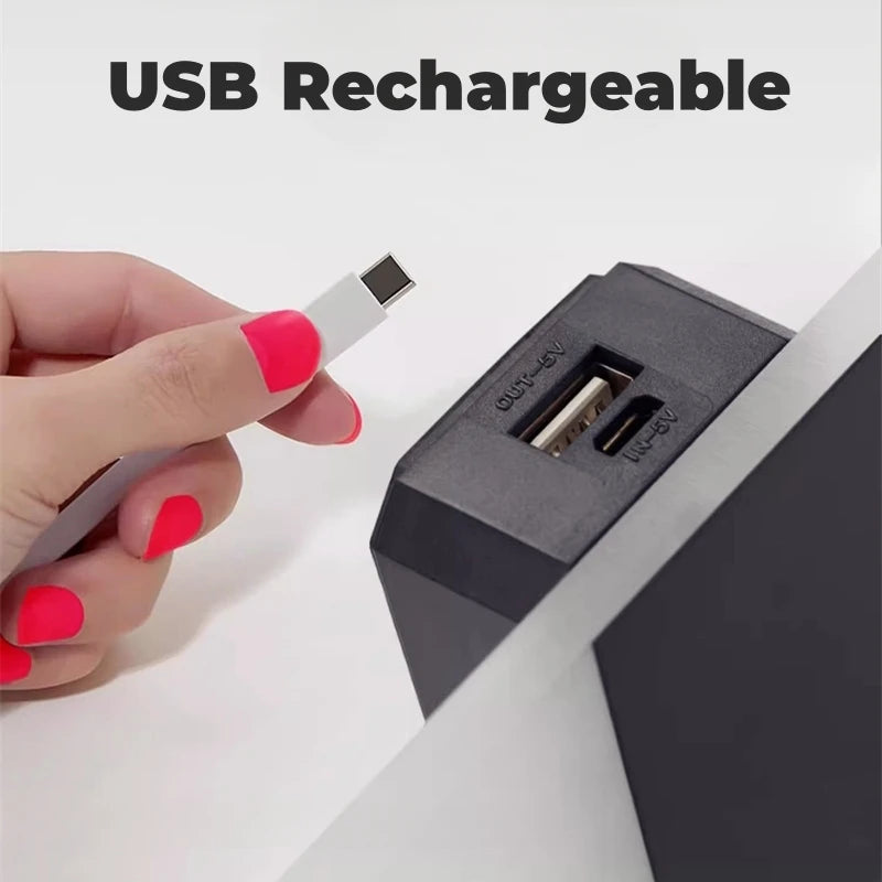 Hand plugging a USB cable into a device with 'USB Rechargeable' text above.