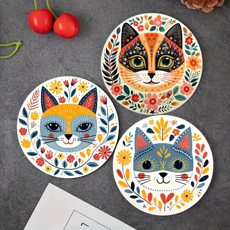 6-Piece Cat Themed Wooden Coaster Set with Floral Design