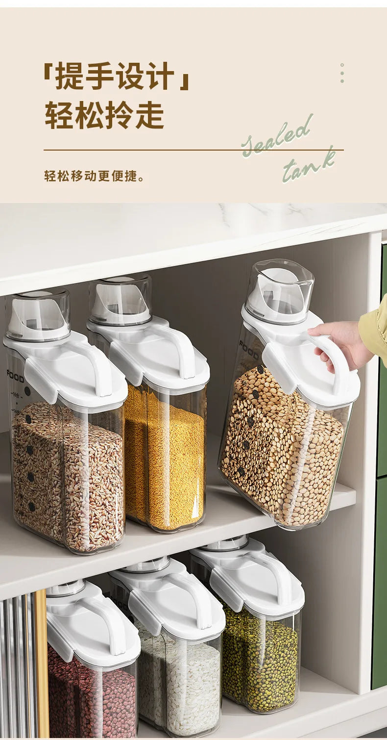 Set of storage containers with handles on a shelf, featuring various grains.