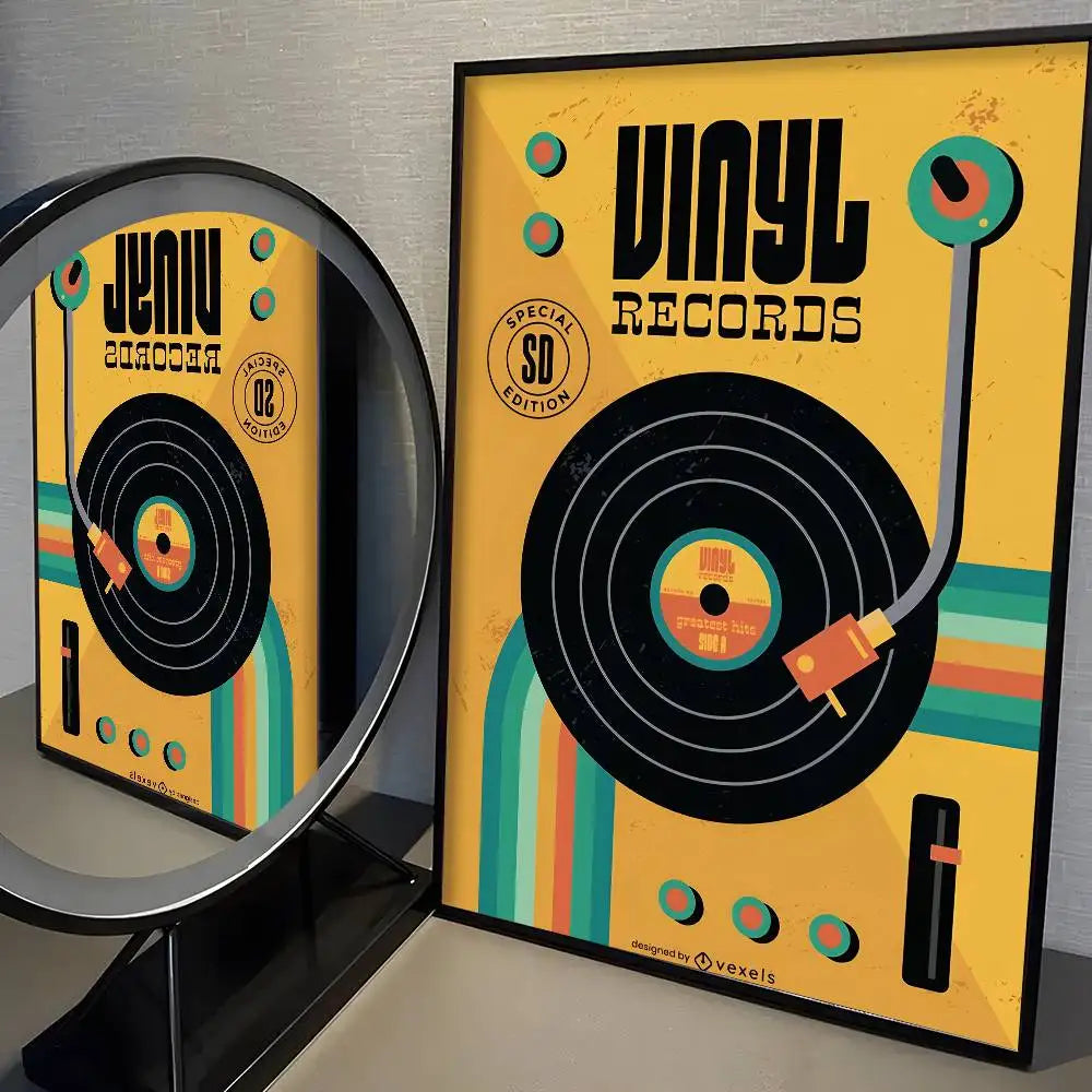 Vinyl record design with a turntable on a yellow background