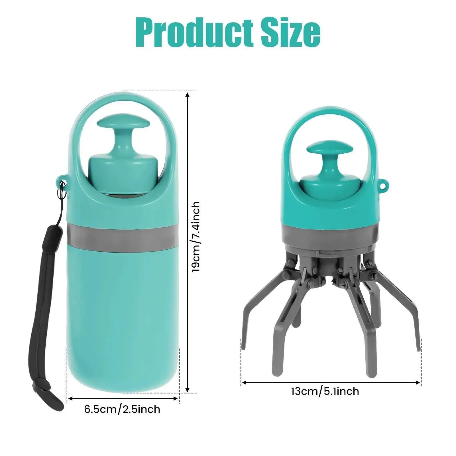 Teal water bottle with measurements on a white background