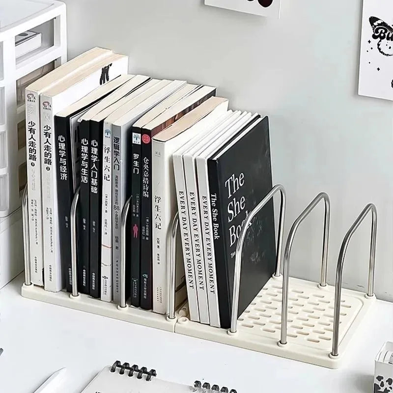 Modern minimalist desktop bookshelf organiser with a metal frame and non-slip base, designed to neatly store books and folders on an office or study desk.