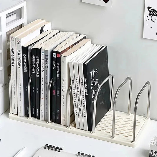 Modern minimalist desktop bookshelf organiser with a metal frame and non-slip base, designed to neatly store books and folders on an office or study desk.