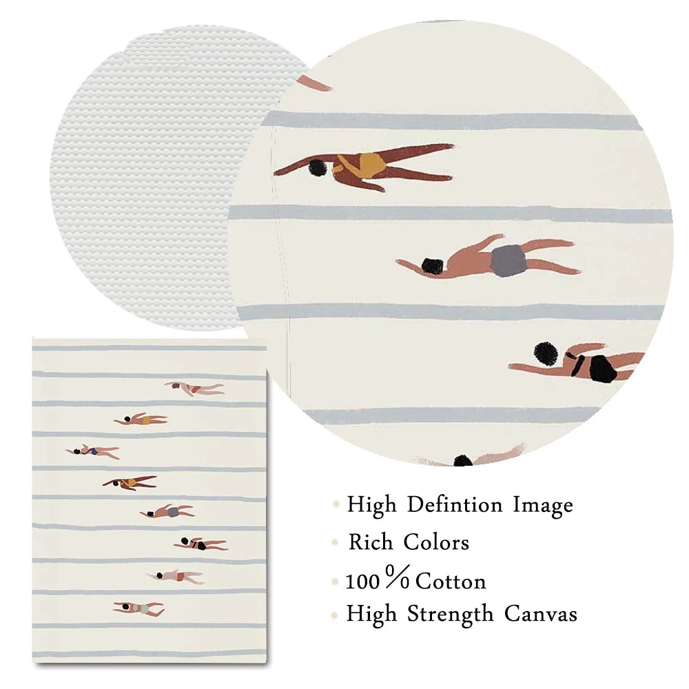 Round and rectangular fabric samples with swimmer design on a white background