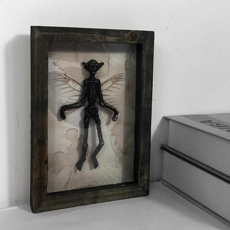 Gothic fairy skeleton shadow box decor with vintage style frame and dark academia aesthetic