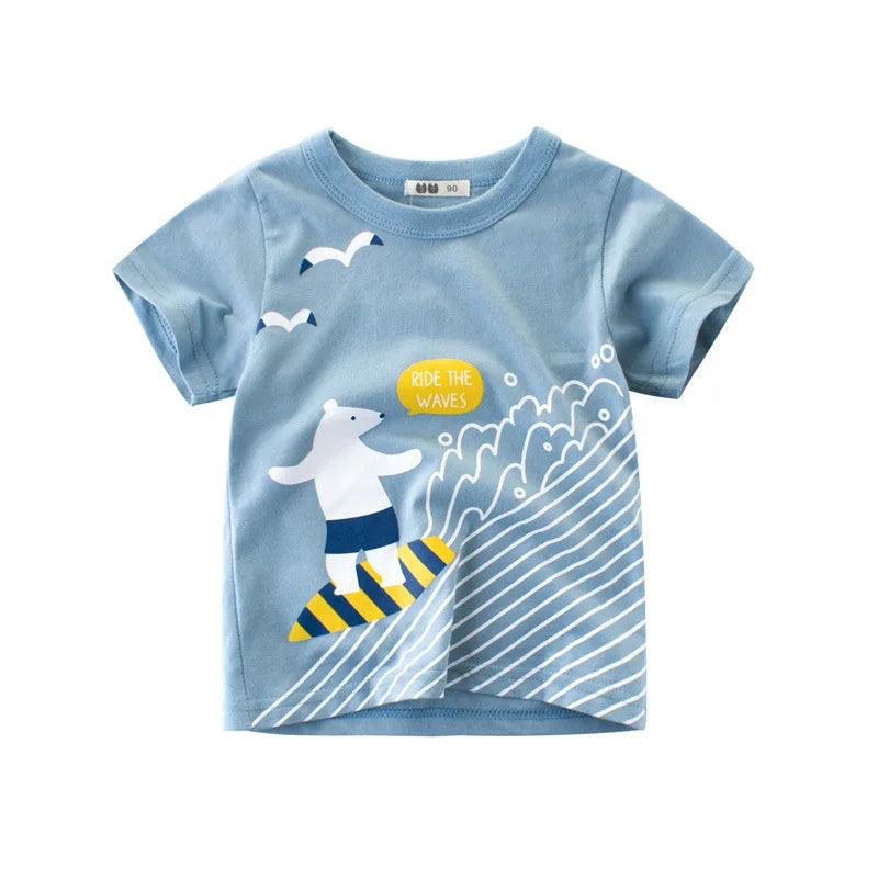 Children's blue t-shirt with a bear surfing design on a white background